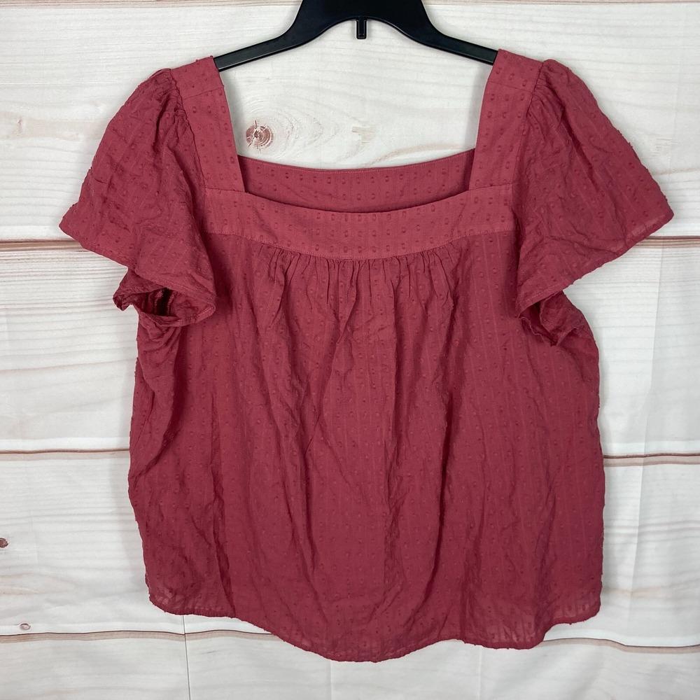 Torrid Top Womens 1 1X Pink Swiss Dot Blouse Square Neck Flutter Sleeve Cotton
